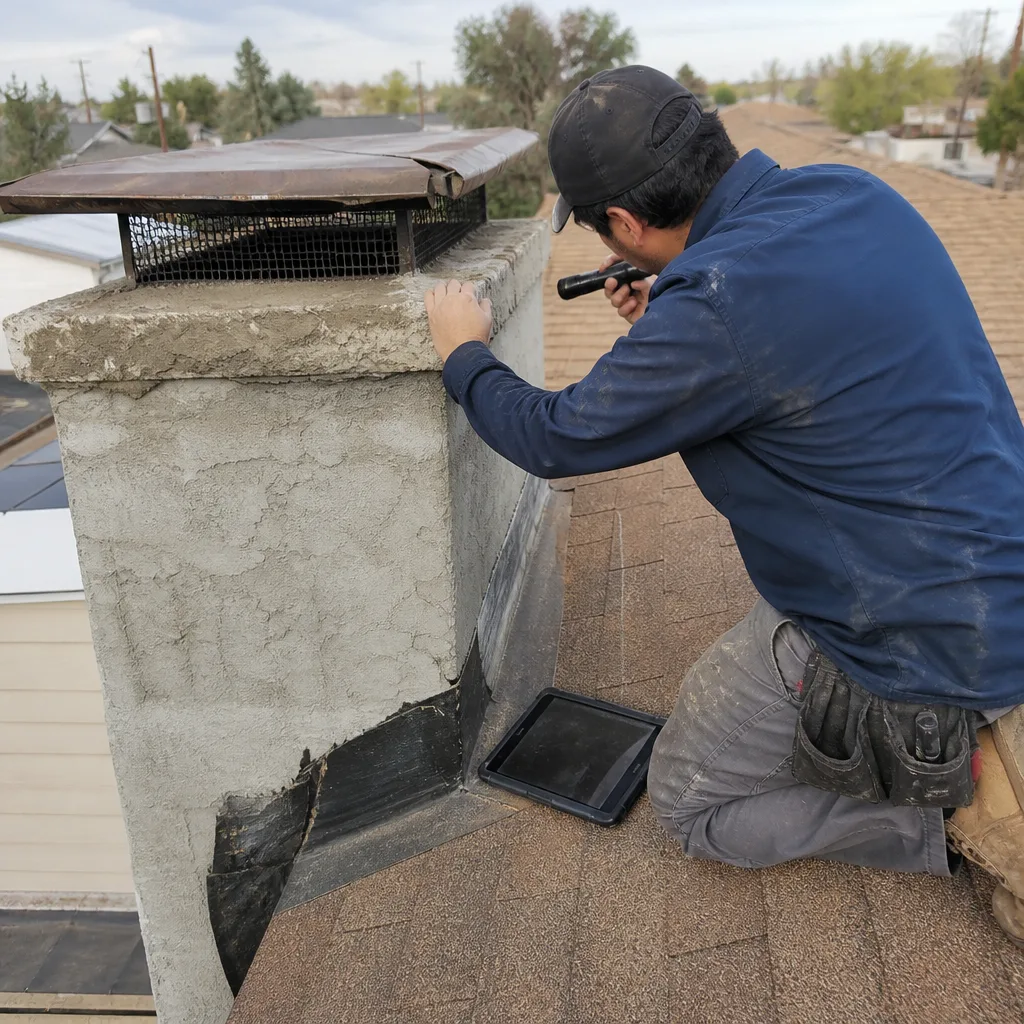 Professional technician performing a comprehensive chimney inspection on a residential roof.