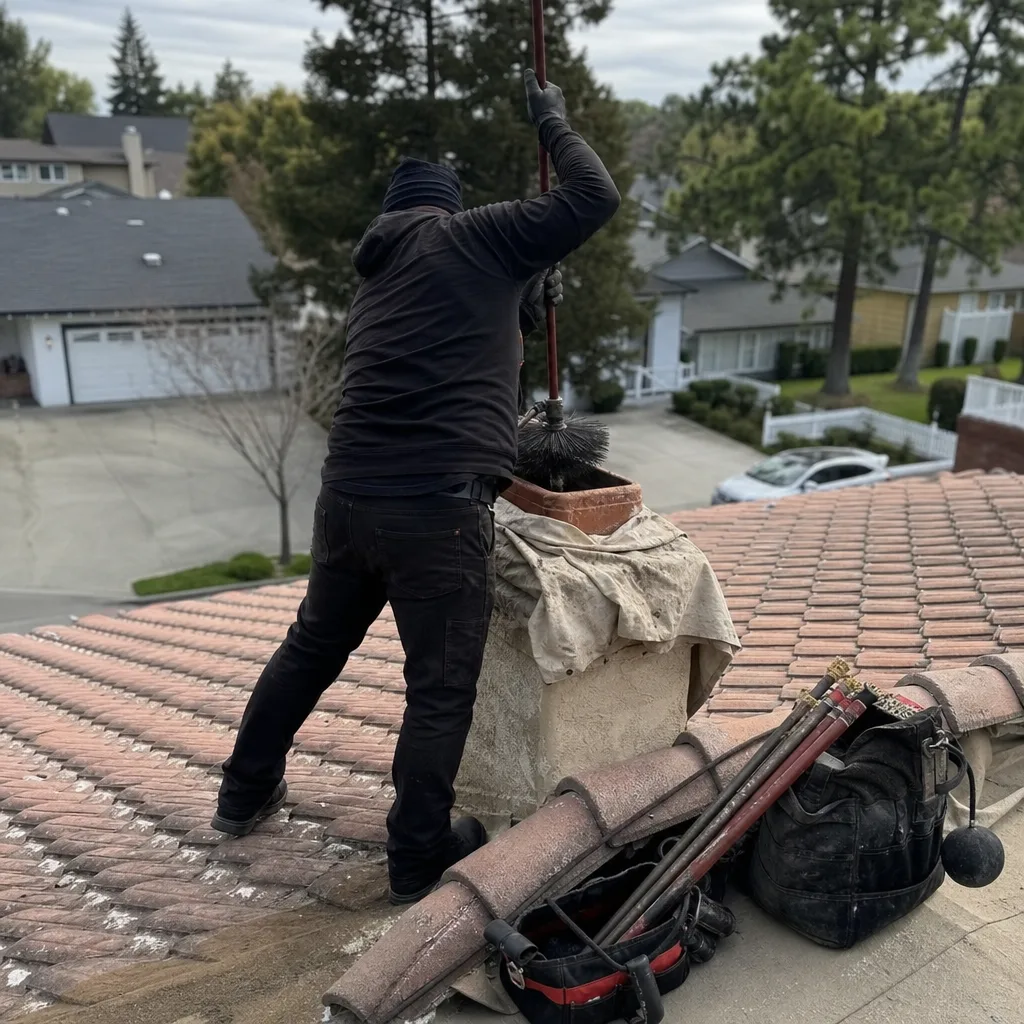 Professional chimney sweep cleaning a brick chimney from a roof