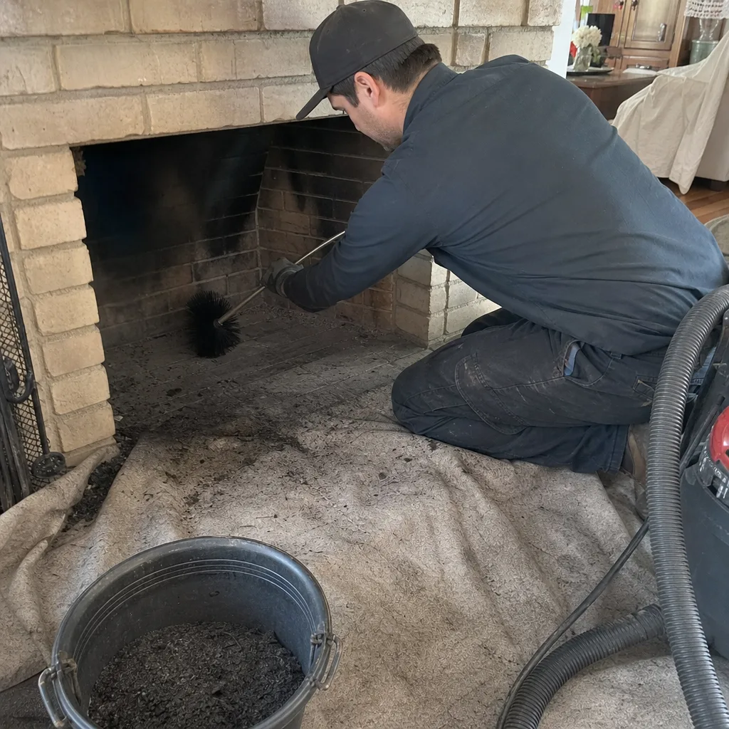 Professional chimney sweep cleaning soot from a brick fireplace interior