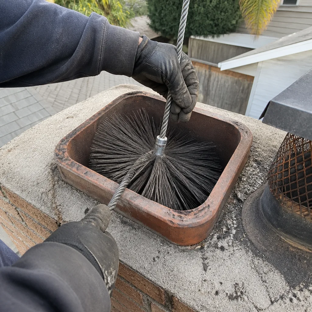 Professional chimney sweep using a wire brush to clean a chimney flue.