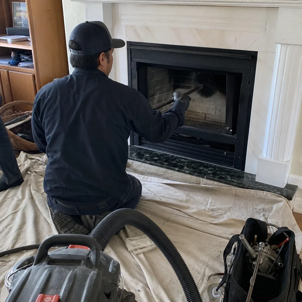 Professional technician performing gas fireplace repair and maintenance service