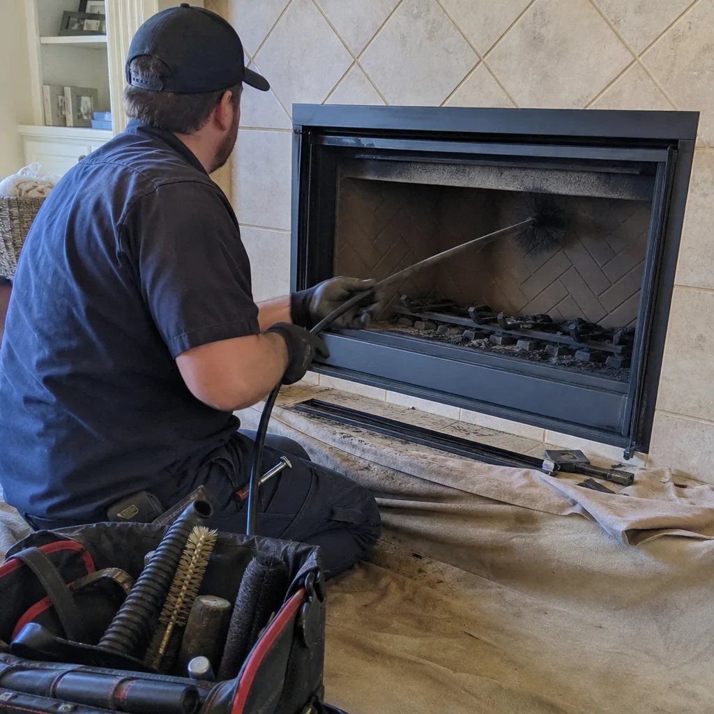 Professional technician performing routine gas fireplace cleaning and maintenance service